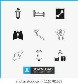 Medical icon. collection of 9 medical filled and outline icons such as lungs, bed, drop counter, heart test tube. editable medical icons for web and mobile.