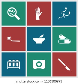 Medical icon. collection of 9 medical filled icons such as bowl, case with heart, sperm, arm rash, pill, test tube, bacteria. editable medical icons for web and mobile.