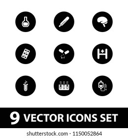 Medical icon. collection of 9 medical filled icons such as thermometer, drop counter, brain, heart test tube, test tube, hospital. editable medical icons for web and mobile.