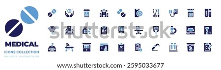 Medical icon collection. Bold style. Duotone colors. microscope, test tube, medical history, report, test, x ray, medication, service, app, surgery tools, health.