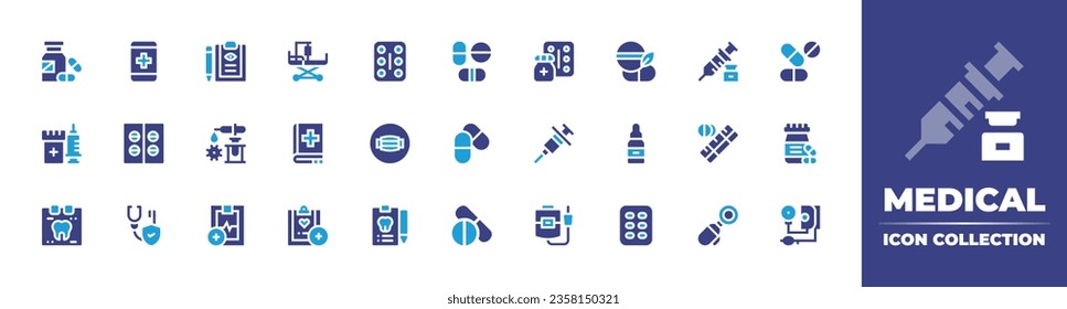 Medical icon collection. Duotone color. Vector illustration. Containing x rays, healthcare, microscope, pharmacy, hospital, world, heart beat, medical book, dental care, heart, ultrasound, medical.