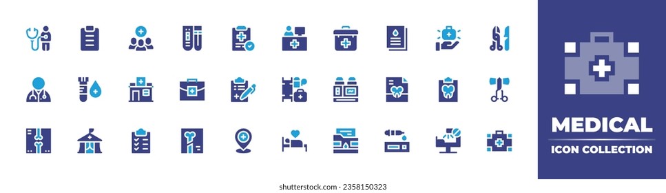 Medical icon collection. Duotone color. Vector illustration. Containing report, lab, stretcher, check, medical book, medication, medical app, x rays, medical insurance.