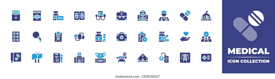 Medical icon collection. Duotone color. Vector illustration. Containing hospital, charity, family, medical report, x rays, patient, tent, doctor, medicine, insulin, clipboard, painkiller, health. 