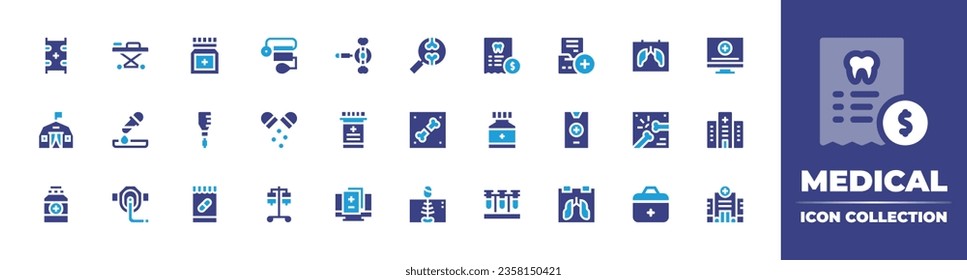 Medical icon collection. Duotone color. Vector illustration. Containing folder, x ray, symbol,  kit, medical history, report, care, skeleton, first aid kit.