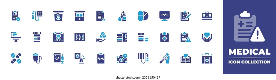 Medical icon collection. Duotone color. Vector illustration. Containing monitoring, check up, body, health report, book, report, medical kit,  care, medication, x rays, service.