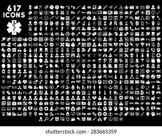 Medical icon collection related to service, health care, pharmacy business, drugstore, science. Vector style: flat, white symbols, rounded angles, black background.