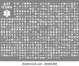 Medical icon collection related to service, health care, pharmacy business, drugstore, science. Vector style: flat, white symbols, rounded angles, gray background.