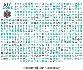 Medical icon collection related to service, health care, pharmacy business, drugstore, science. Vector style: bicolor flat, grey and cyan symbols, rounded angles, white background.