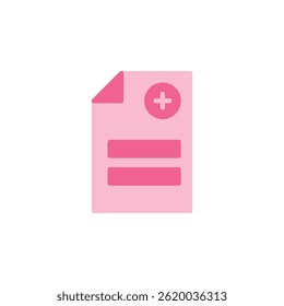 Icono médico que representa un documento con signo más que indica información de salud en Colores de color rosa suave