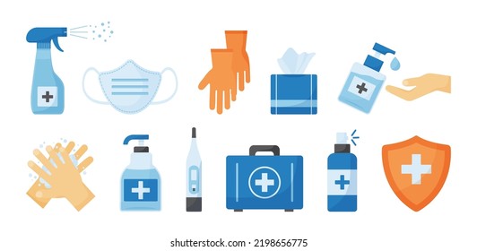 Medical icon. Disinfect gel bottle. Hygiene. Alcogol spray and soap, antiseptic vector set, antibacterial liquid, protective mask, gloves, wipes. PPE. Medicine illustration