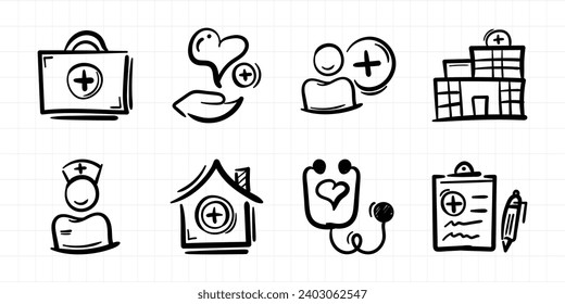 Medical icon doodle collection. Medical kit, healthcare, doctor, patient, hospital, nurse, clinic, stethoscope, report. Hand drawn sketch vector illustration