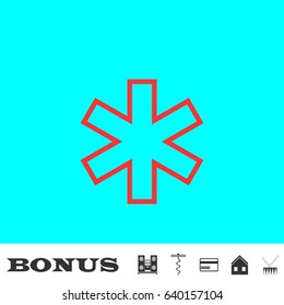 Medical icon flat. Red pictogram on blue background. Vector illustration symbol and bonus buttons Music center, corkscrew, credit card, house, drum