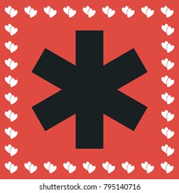 Medical icon flat. Simple black pictogram on red background with white hearts for valentines day. Vector illustration symbol