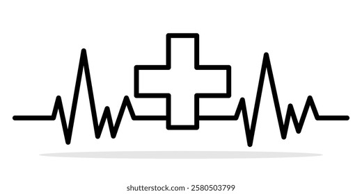 Medical icon with heartbeat. Minimalist black medical icon featuring a heartbeat and cross. Concept of healthcare, cardiology, and medical support. Vector illustration