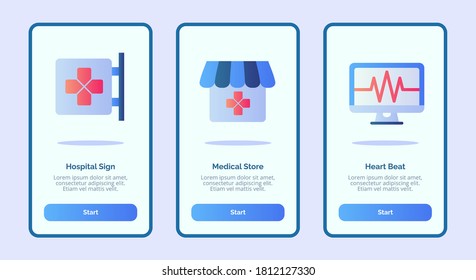Medical icon hospital sign medical store heart beat for mobile apps template banner page UI with three variations modern flat color style.