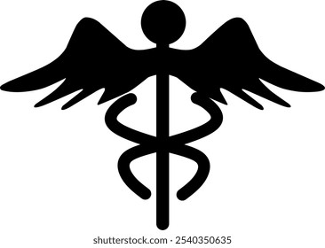 the medical icon logo of the aesculapius caduceus is depicted with two intertwined staffs with wings at the head of the staff.