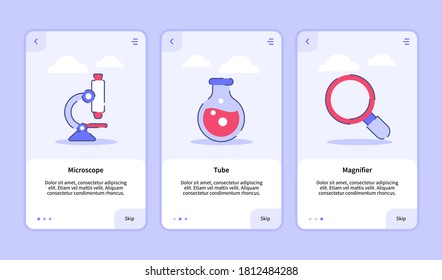 Medical icon microscope tube magnifier onboarding screen for mobile apps template banner page UI with three variations modern flat outline style