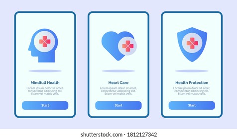 Medical Icon Mind Full Health Heart Care Health Protection For Mobile Apps Template Banner Page UI With Three Variations Modern Flat Color Style