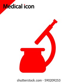 Medical icon on white background. Red microscope icon.