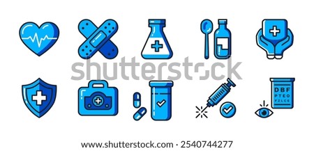 Medical icon pack in dual-color style, featuring healthcare symbols for first aid, wellness, and diagnostics. Ideal for apps, websites, and medical content with modern, clean design.