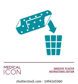 Medical Icon Series - Thrash Bin and Plaster Sign as Necessary Bandage Removing in Case It Unstuck Flat Style Symbol in Adhesive Plaster Instructions Edition - Vector Pictogram Graphic Design