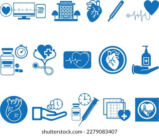 Medical icon set, 15 health treatment icon set blue vector