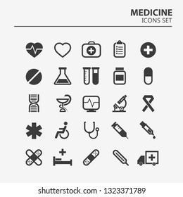 Medical icon set. 25 Silhouette hospital vector signs. Medicine design. Web ambulance infographics icons. Illustrator vector design.