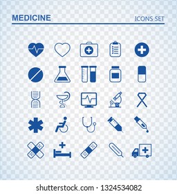 Medical icon set. 25 Silhouette hospital vector signs. Medicine design. Web ambulance infographics icons. Illustrator vector design.