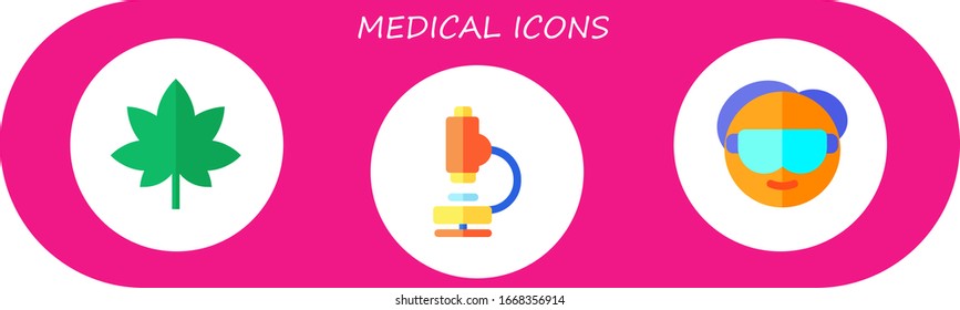 medical icon set. 3 flat medical icons. Included marijuana, microscope, scientist icons