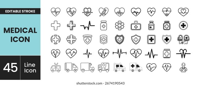 Medical icon set of 45 editable stroke healthcare symbols, including hospital, cross, heart, ambulance, doctor, nurse, pill, pharmacy, emergency, clinic, treatment, cure, surgery, wellness, therapy, p