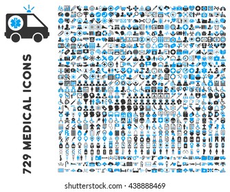 Medical Icon Set with 729 vector icons. Style is bicolor blue and gray flat icons isolated on a white background.