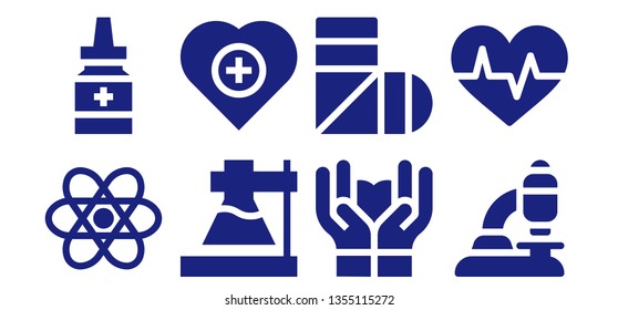medical icon set. 8 filled medical icons.  Simple modern icons about  - Chemistry, Medicine, Flask, Health, Care, Sling, Microscope, Cardiogram