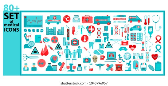 Medical Icon Set with 80+ vector healthcare pictograms. Good for hospital apps and web sites.