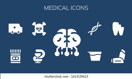 medical icon set. 9 filled medical icons. Included Brain, Pharmacy, Skull, Medicine, Ambulance, Inhaler, Broken tooth, Syrup, Genetic icons