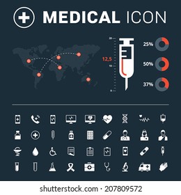 Medical icon set with big syringe and world map on dark background
