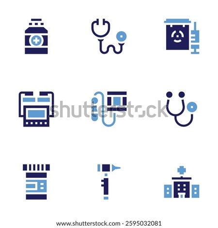 Medical icon set. Bold style. Duotone colors. medical, stethoscope, tensiometer, otoscope, hospital, medicine, defibrillator.