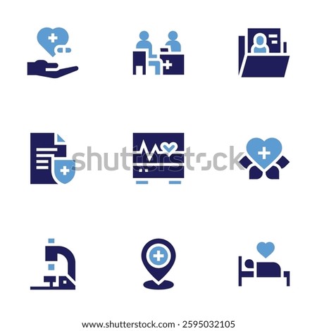 Medical icon set. Bold style. Duotone colors. doctor consultation, ecg, treatment, medical record, insurance, daily health app, microscope, placeholder, hospital bed.