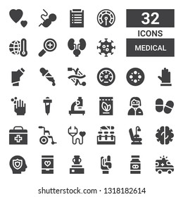 medical icon set. Collection of 32 filled medical icons included Ambulance, Medicine, Maloik, Vessel, Love, Insurance, Brain, Dentist chair, Test tube, Medical insurance, Wheelchair
