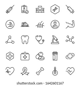 Medical icon set. Collection of high quality outline web pictograms in modern flat style. Black Medical symbol for web design and mobile app on white background. Line logo EPS10