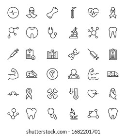 Conjunto de iconos médicos. Colección de pictogramas web de alta calidad en estilo plano moderno. Símbolo médico negro para diseño web y aplicación móvil sobre fondo blanco. Logo de línea EPS10