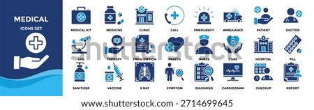 Medical icon set collection. an icon pack contain medical kit, doctor, nurse, hospital, clinic, health, patient, x-ray, sanitizer, therapy