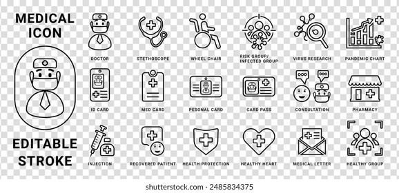 Medical icon set. Consultation, treatment, virus analysis, diagnosis, research and other. Vector icons collection on white background.