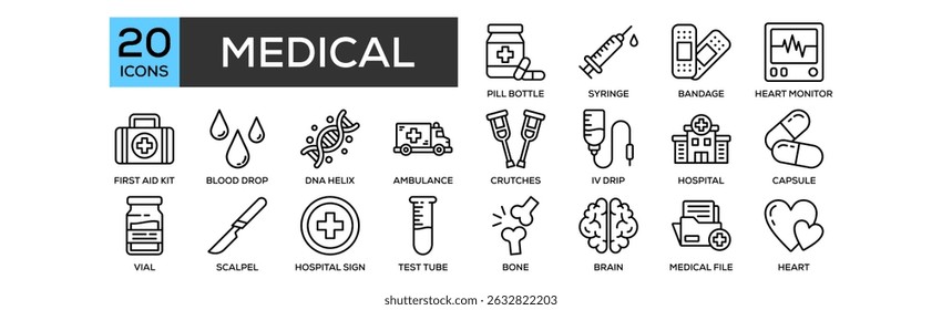 Conjunto de iconos médicos. Contiene diseño de la botella de la píldora, jeringa, vendaje, monitor del corazón, kit de primeros auxilios.