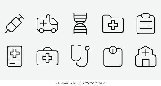 Medical icon set. Containing doctor, medicine, hospital, treatment, healthcare, nurse, pills, clinic and more. Outline vector icons collection.