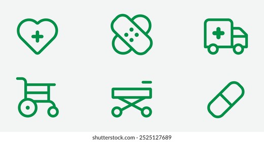 Medical icon set. Containing doctor, medicine, hospital, treatment, healthcare, nurse, pills, clinic and more. Outline vector icons collection.