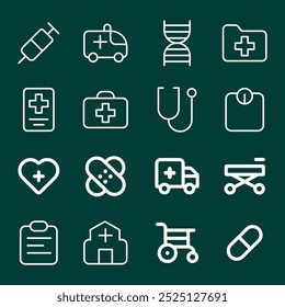 Medical icon set. Containing doctor, medicine, hospital, treatment, healthcare, nurse, pills, clinic and more. Outline vector icons collection.