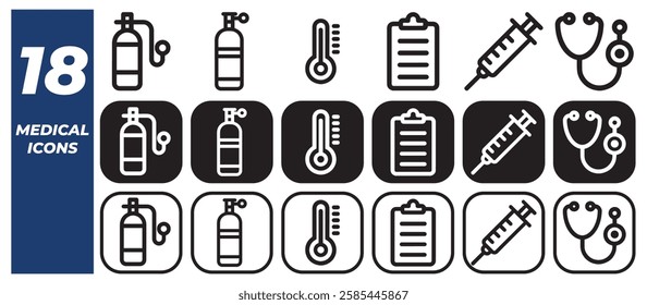 Medical icon set, Containing thermometer, oxygen cylinder, stethoscope, clipboard, syringe.