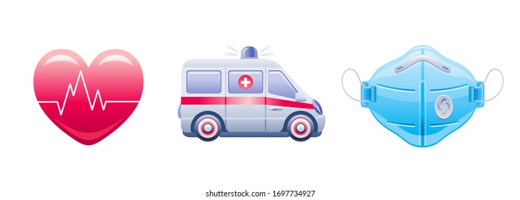 Medical icon set. Corona virus Covid 19 icons. Coronavirus prevention and medical elements collection. Heart, ambulance car, respirator mask, Vector illustration isolated on white background.