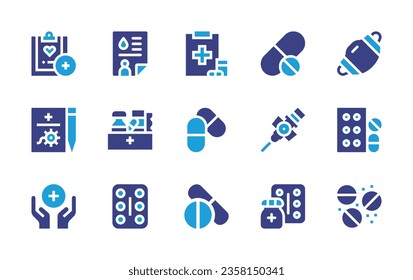 Medical icon set. Duotone color. Vector illustration. Containing tent, x ray, medical report, instruments, health check, tonometer, medical stretcher, medical team, medication. 