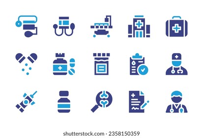 Medical icon set. Duotone color. Vector illustration. Containing medical report, pills, phone call, hospital, first aid bag, world, contract, medical history, vaccine, diagnosis.